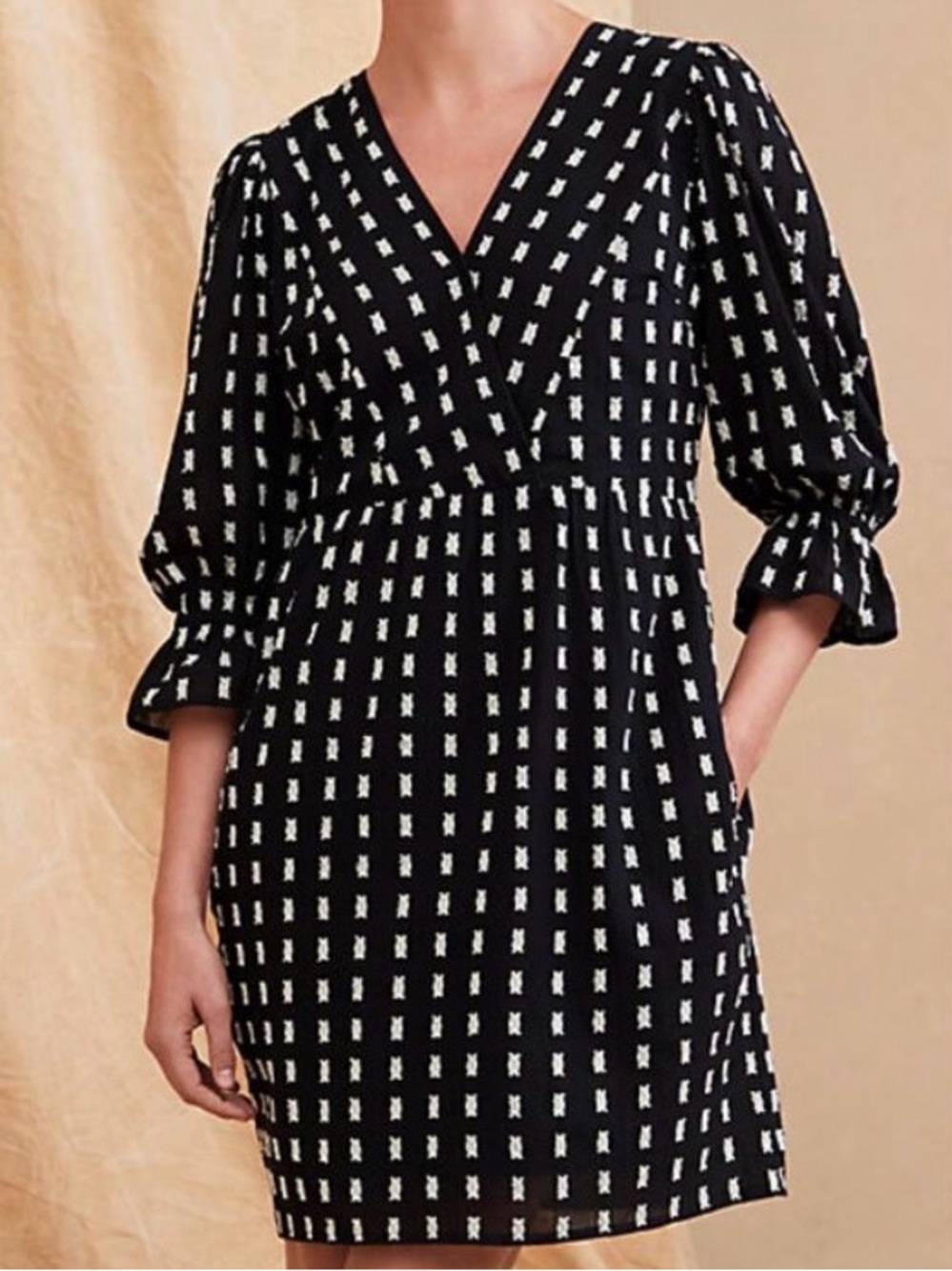 Garnet Hill Clip Dot organic cotton Black White V-Neck Patterned Women's Dress